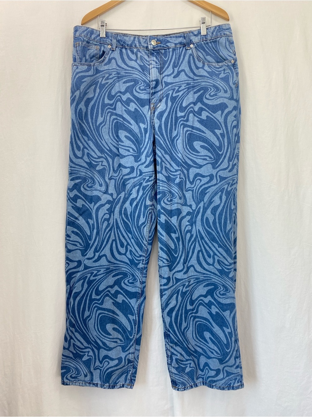 H&M Divided Jeans XL High Waist Bootcut Psychedelic Swirl Y2K Denim 31” Inseam